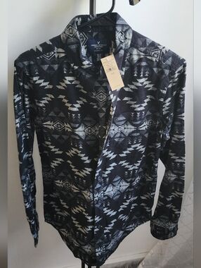 American Eagle Outfitters Black and Gray Aztec Button-Down Shirt